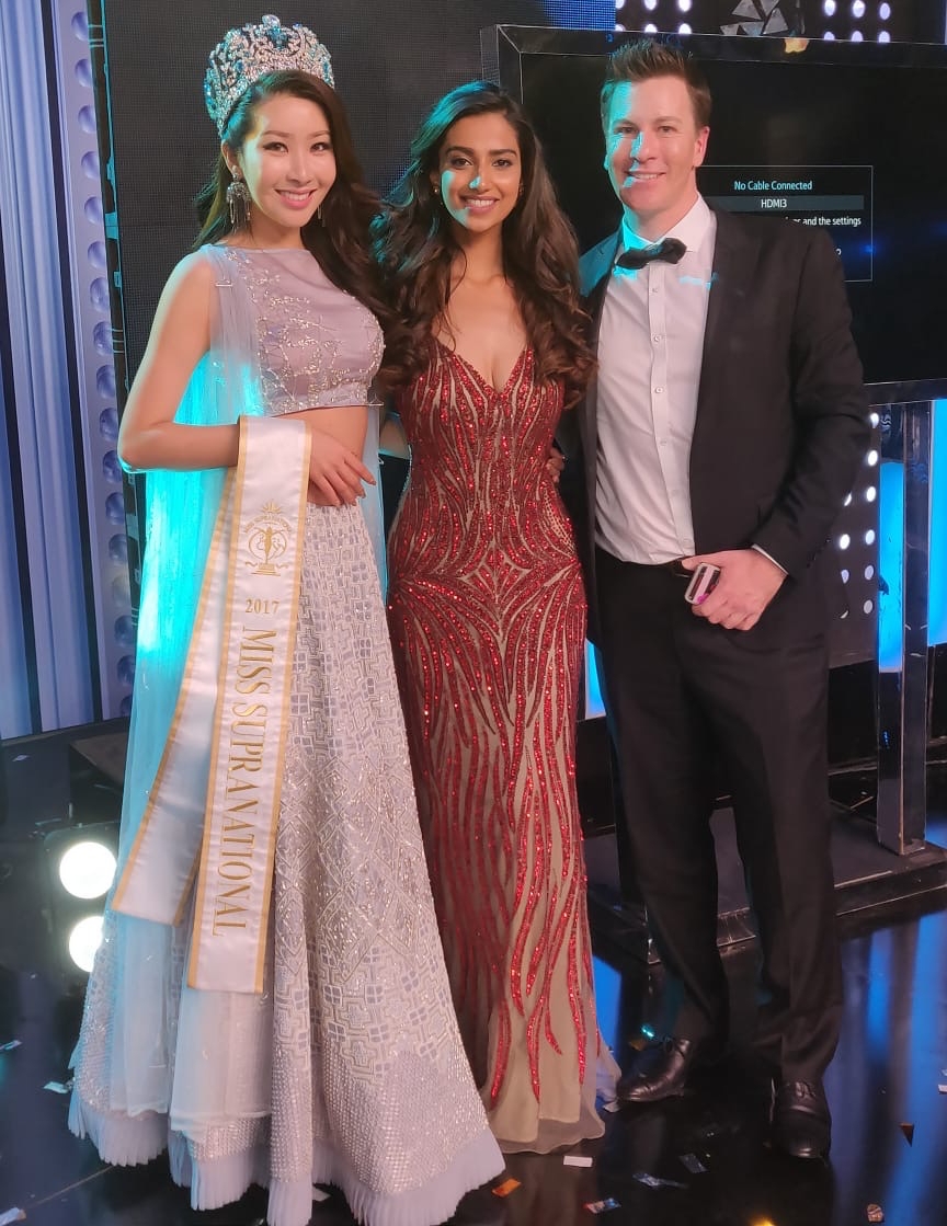 Andre Sleigh with Miss Supranational 2017 Jenny Kim from Korea and Miss Supranational 2016 Srinidhi Shetty from India