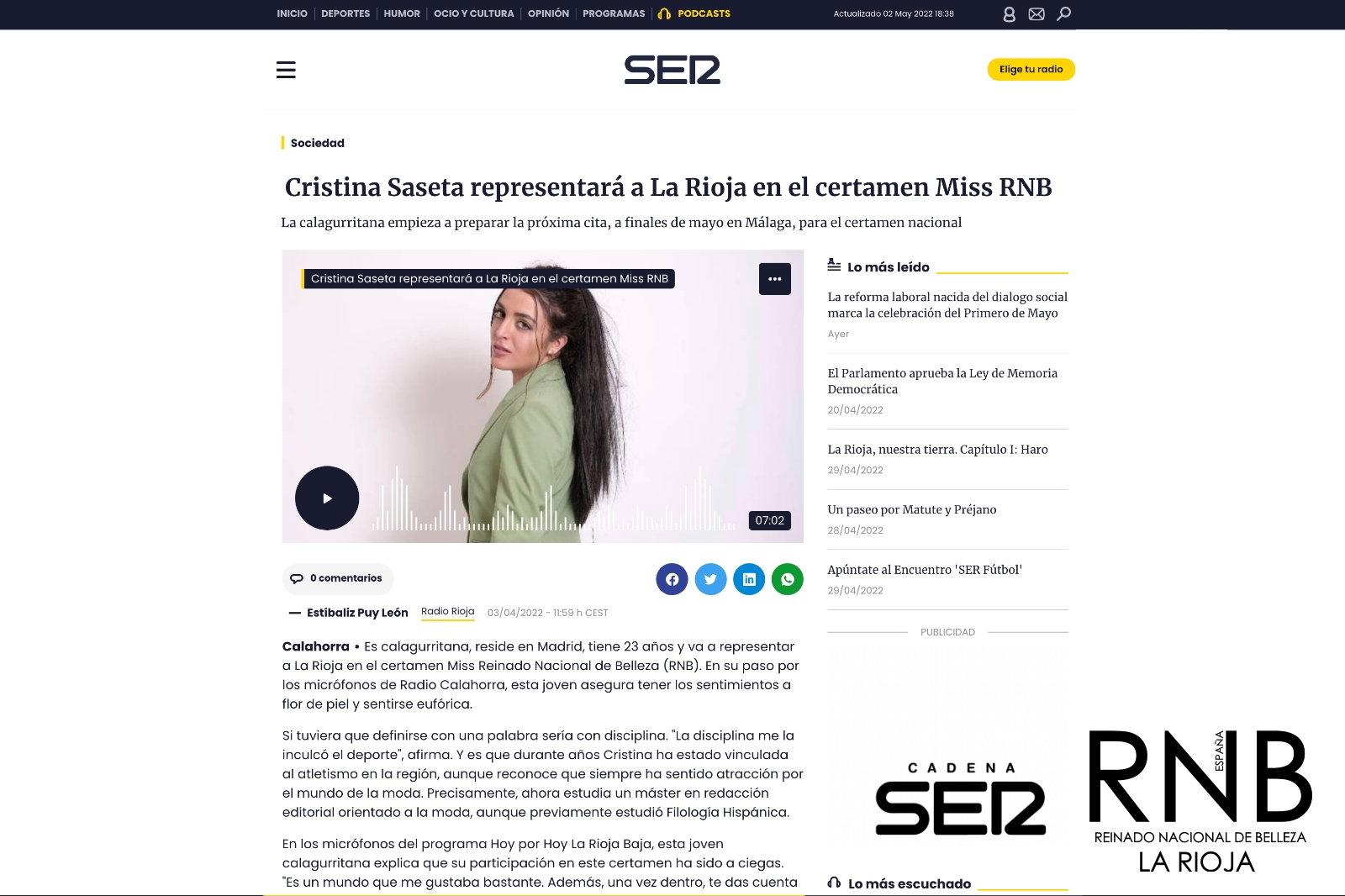 Cristina Saseta Miss RNB La Rioja 2022 Cadena SER