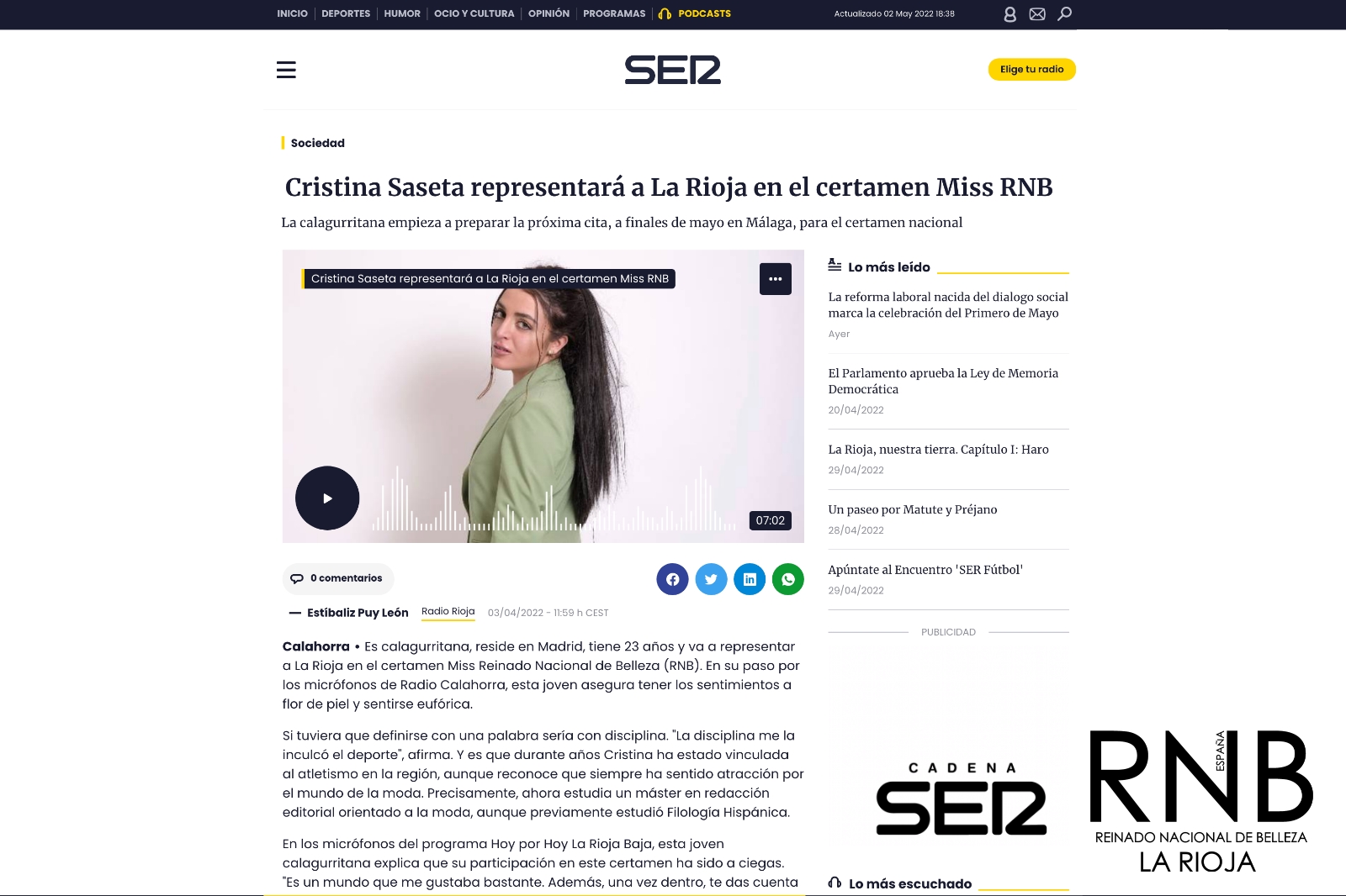 Cristina Saseta Miss RNB La Rioja 2022 Cadena SER