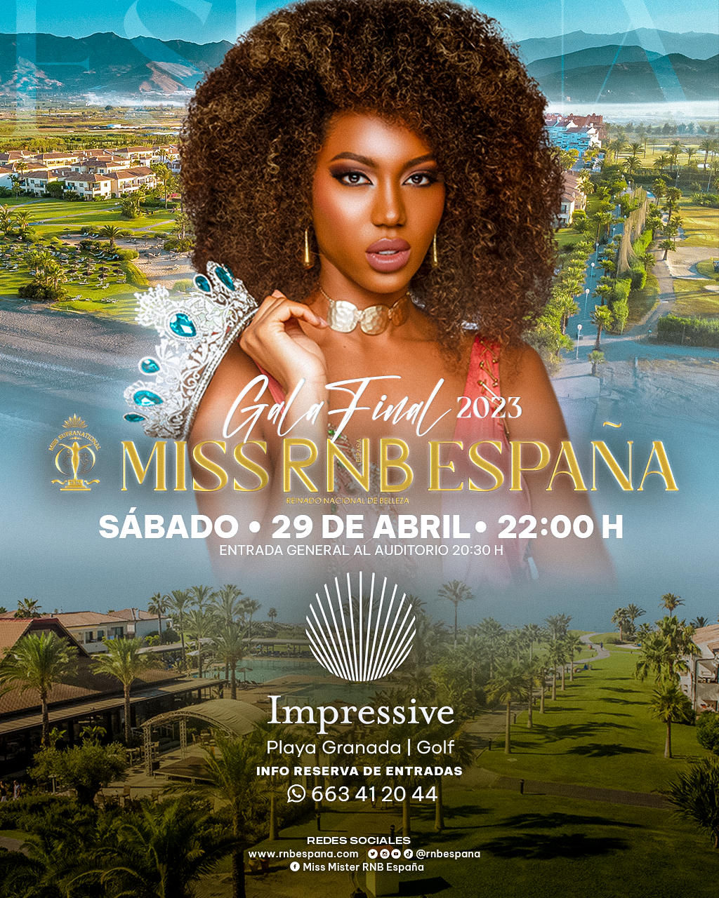 Cartel Gala Final Miss RNB España 2023 en el Hotel Impressive Playa Granada Golf